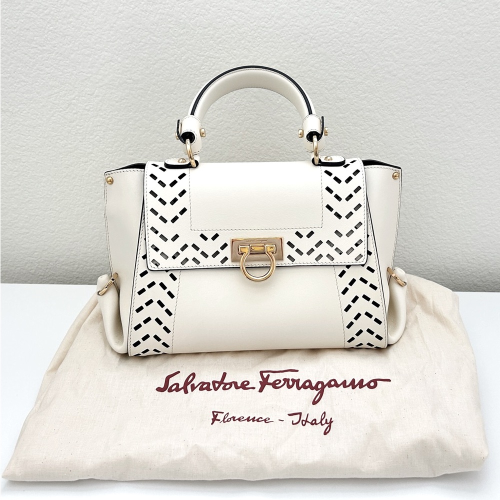 Salvatore Ferragamo Calfskin Perforated Sofia Satchel in Ivory with Dust Bag